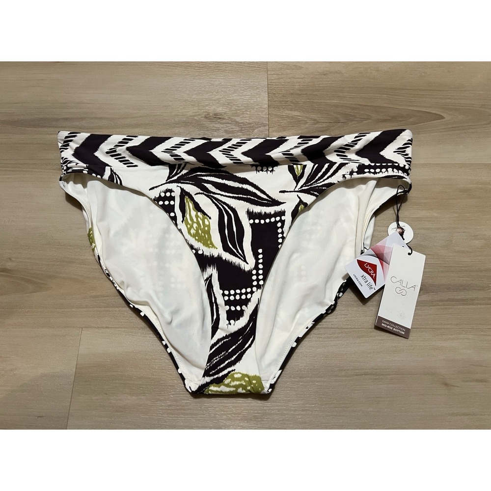 Calia Womens XXL‎ Mid-Rise High Leg Stylish Brown Green & Off White Swim Bottom